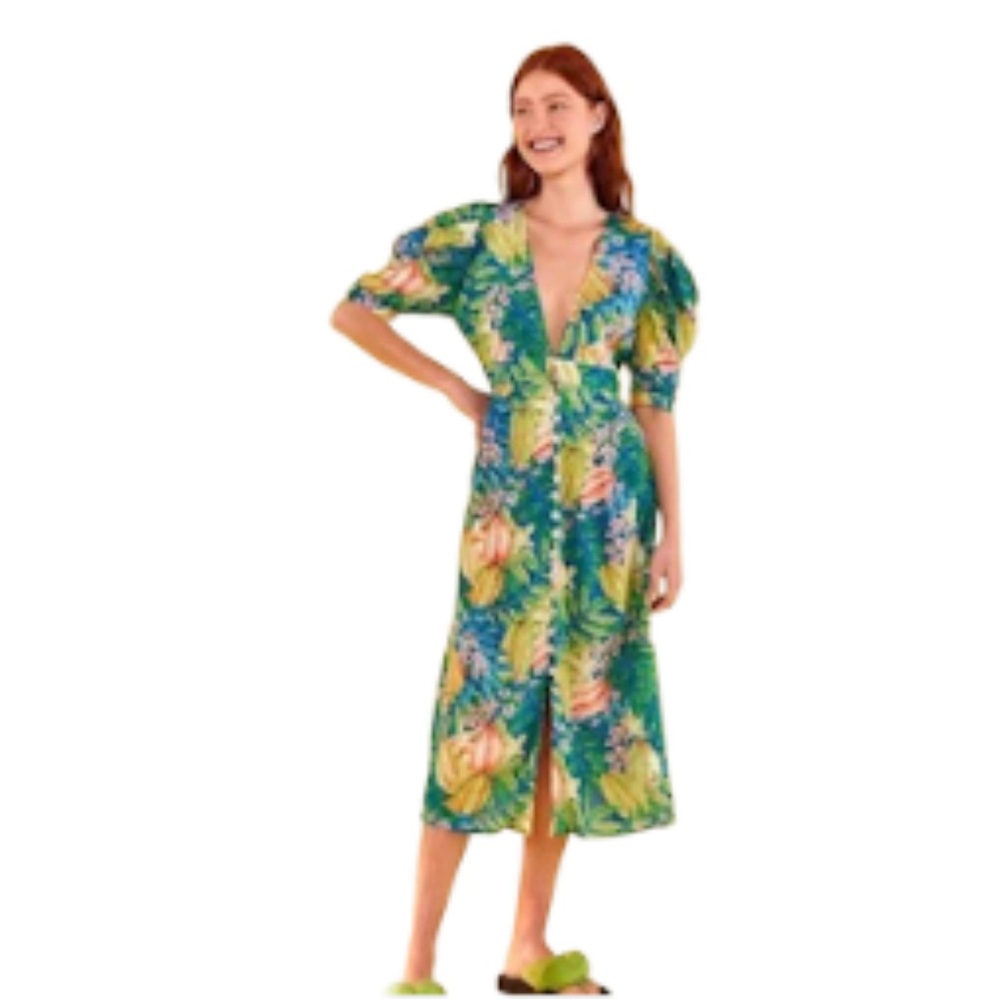 FARM Rio Star Fruit Midi dress V-Neck Button Front Lined Size Large